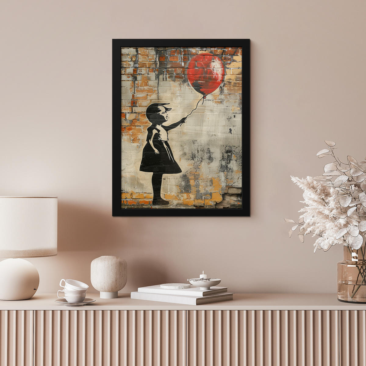GERAHMTES BILD Graffiti - Banksy - Mädchen - Straßenkunst 30x40 cm - Sandfarben, Papier (30/40cm) - MuchoWow