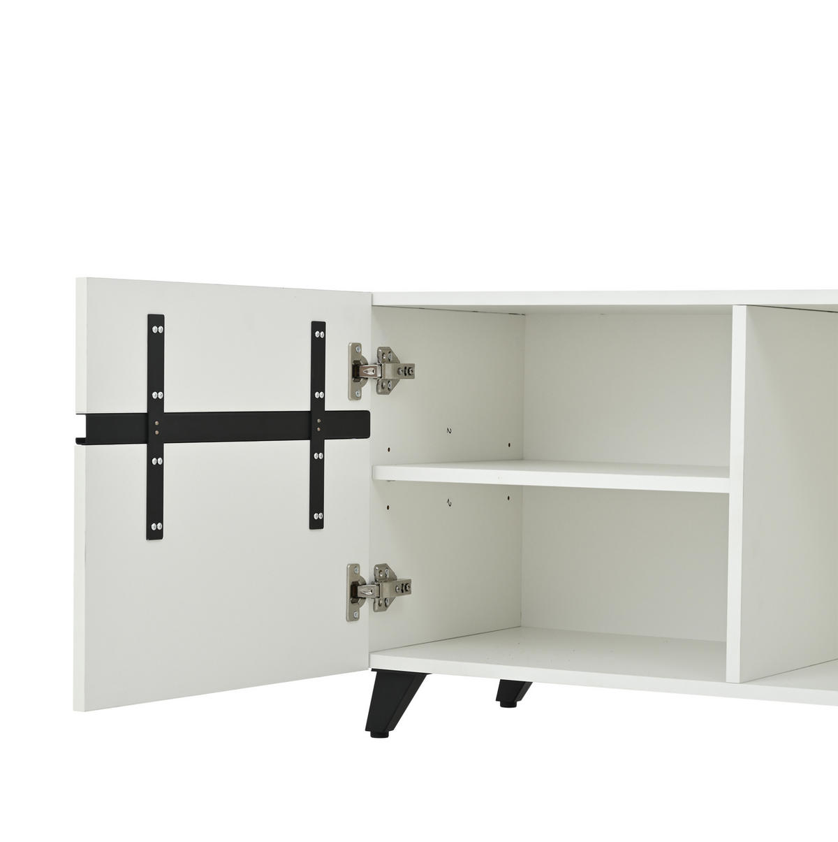 TV stolek 180/40/49 cm s vysokým leskem, 4 skříňkami, nastavitelnými přepážkami a 8 nohami, Bílá - bílá, kompozitní dřevo (180/49/40cm) - Redom