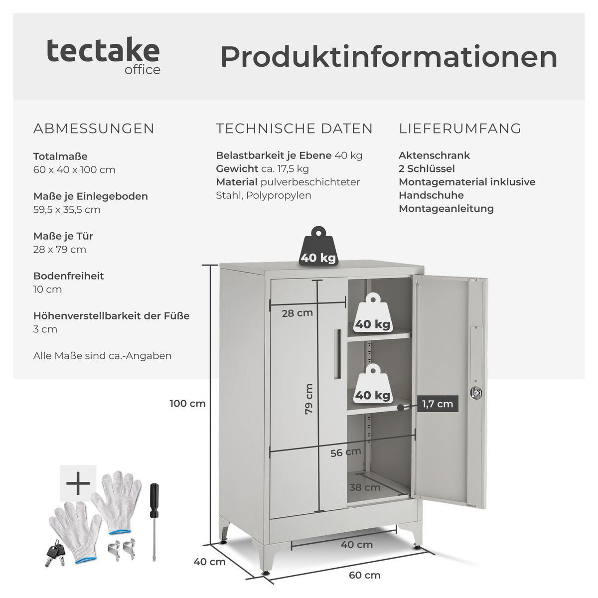 AKTENSCHRANK Blake, Kippschutz, höhenverstellbare Füße, grau - Grau, Metall (60/100/40cm) - tectake