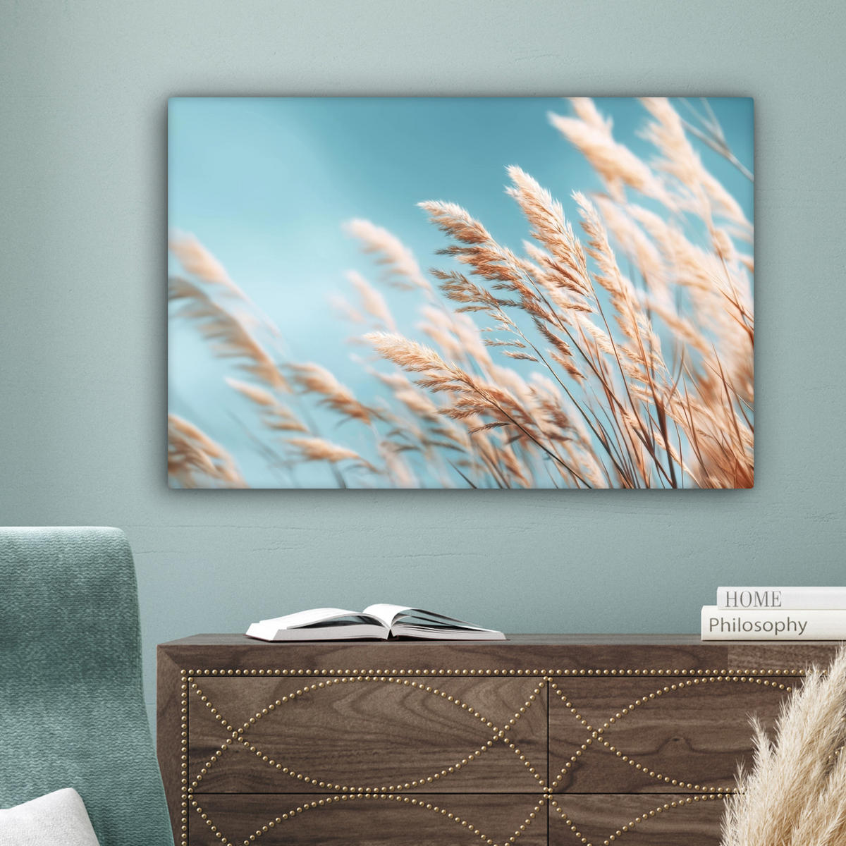 LEINWANDBILD Ziergras - Wind - Hellbraun Gemälde 60x40 cm - Hellblau, Textil (60/40cm) - MuchoWow