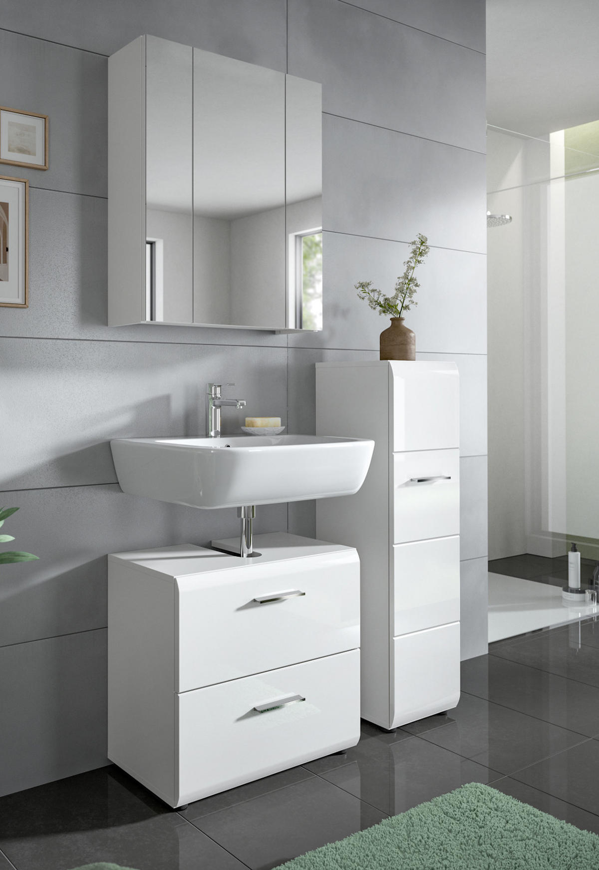 BADMÖBEL SET 3-teilig in weiß Hochglanz Badkombination 105 x 185 cm Cover - Weiß Hochglanz/Silberfarben, Holzwerkstoff/Kunststoff (105/185/30cm) - Inn.Furn