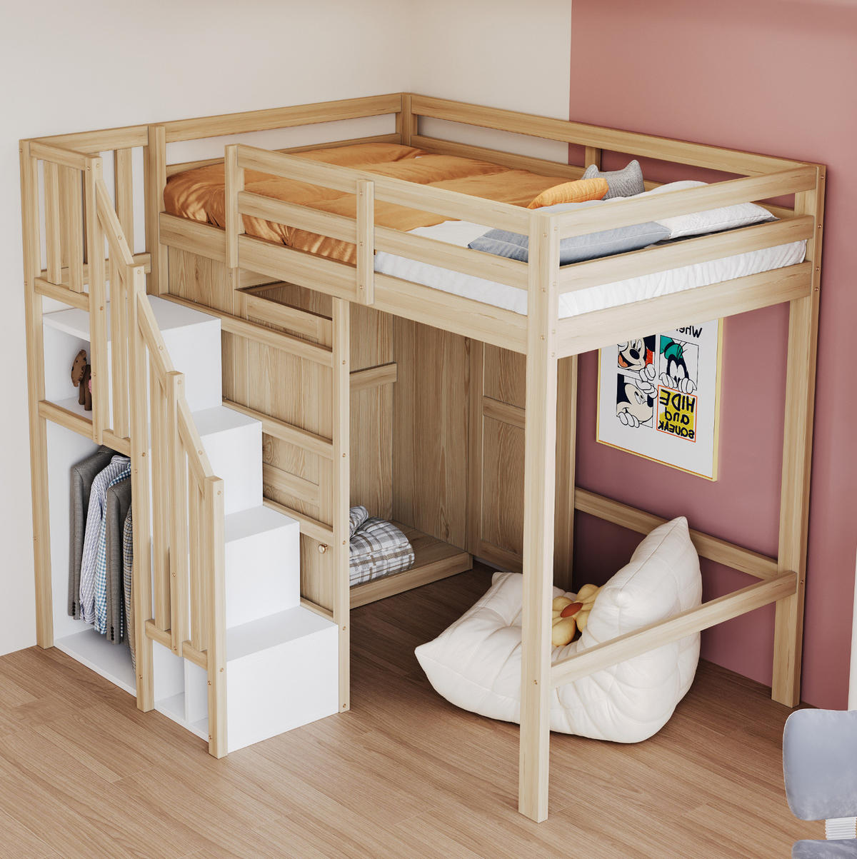 HOCHBETT 90/200 cm in Naturfarbe mit Kleiderschrank und Stauraumtreppe - Naturfarben, Holzwerkstoff (90/200cm) - Flora Grace