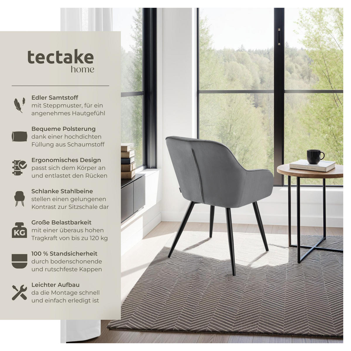 ESSZIMMERSTUHL 6er Set Marilyn 58 x 62 x 82 cm grau/schwarz - Schwarz/Grau, Metall (58/82/62cm) - tectake