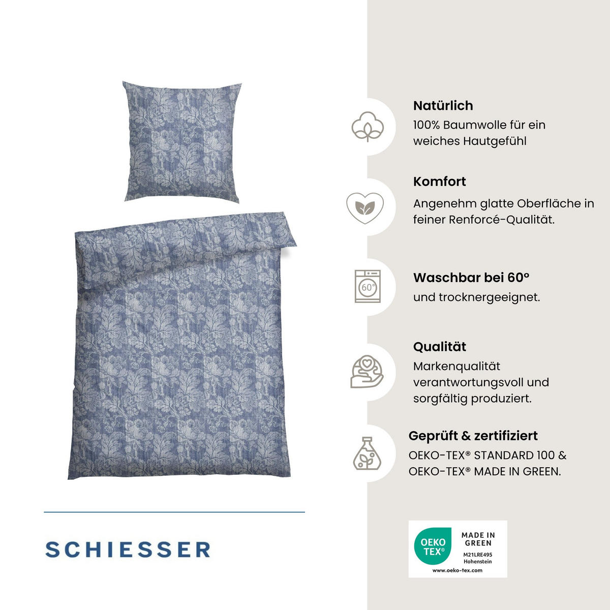 BETTWÄSCHESET Missy - Renforcé - 2-teilig - 135 x 200 cm - Rauchblau - Blau, Textil (135/200cm) - SCHIESSER
