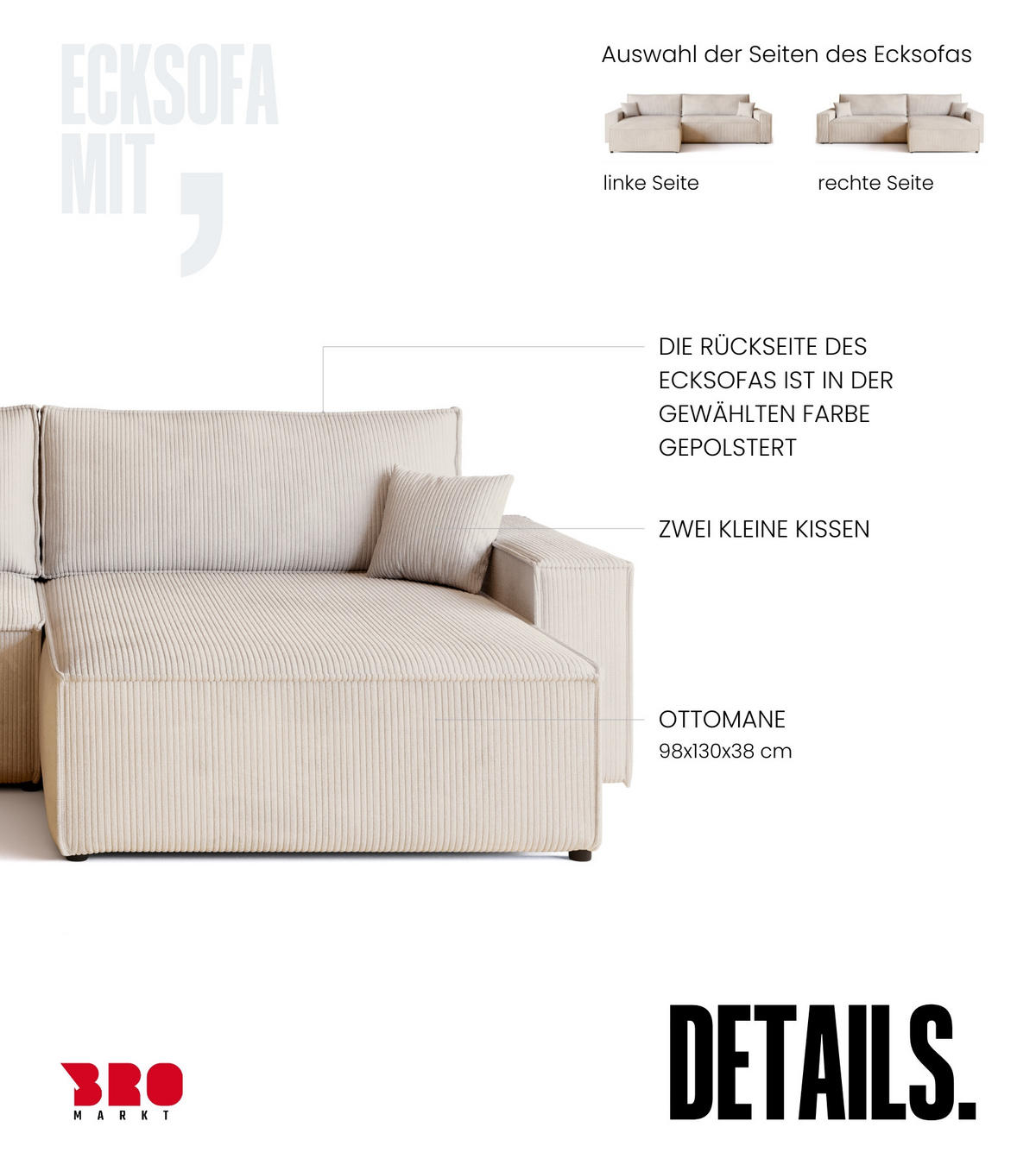 ECKSOFA ADI XL mit Schlaffunktion Vanille Cord - Creme, Textil (272/143cm) - Bromarkt