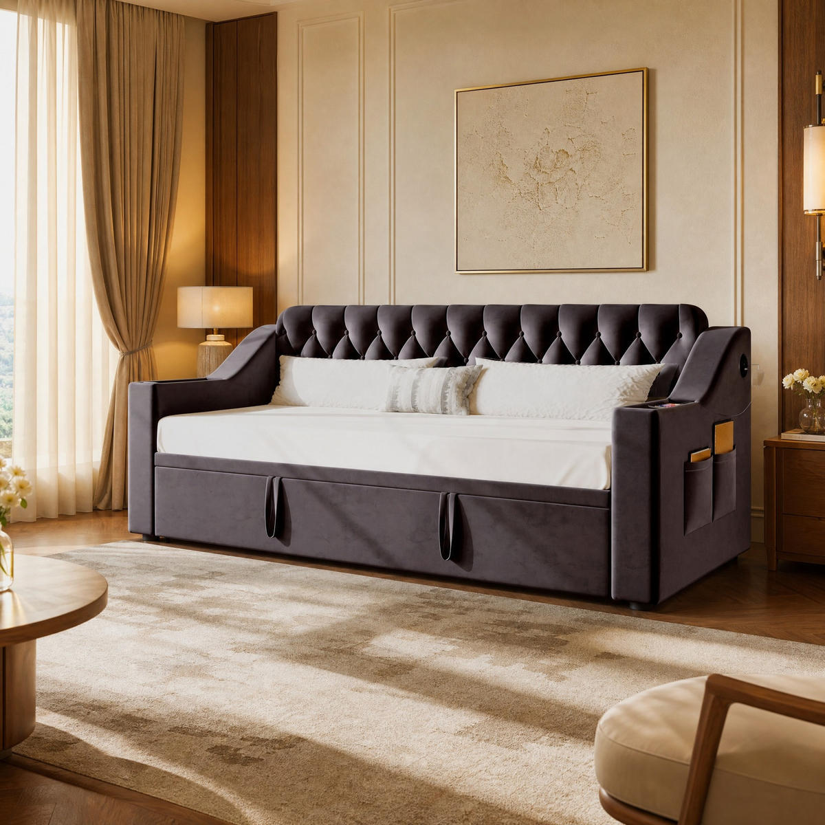 POLSTERBETT 90/190 mit Ausziehfunktion, USB, Ablagefächern und Lattenrost in Dunkelgrau - Dunkelgrau, Holzwerkstoff/Textil (90/190cm) - EVRYAE