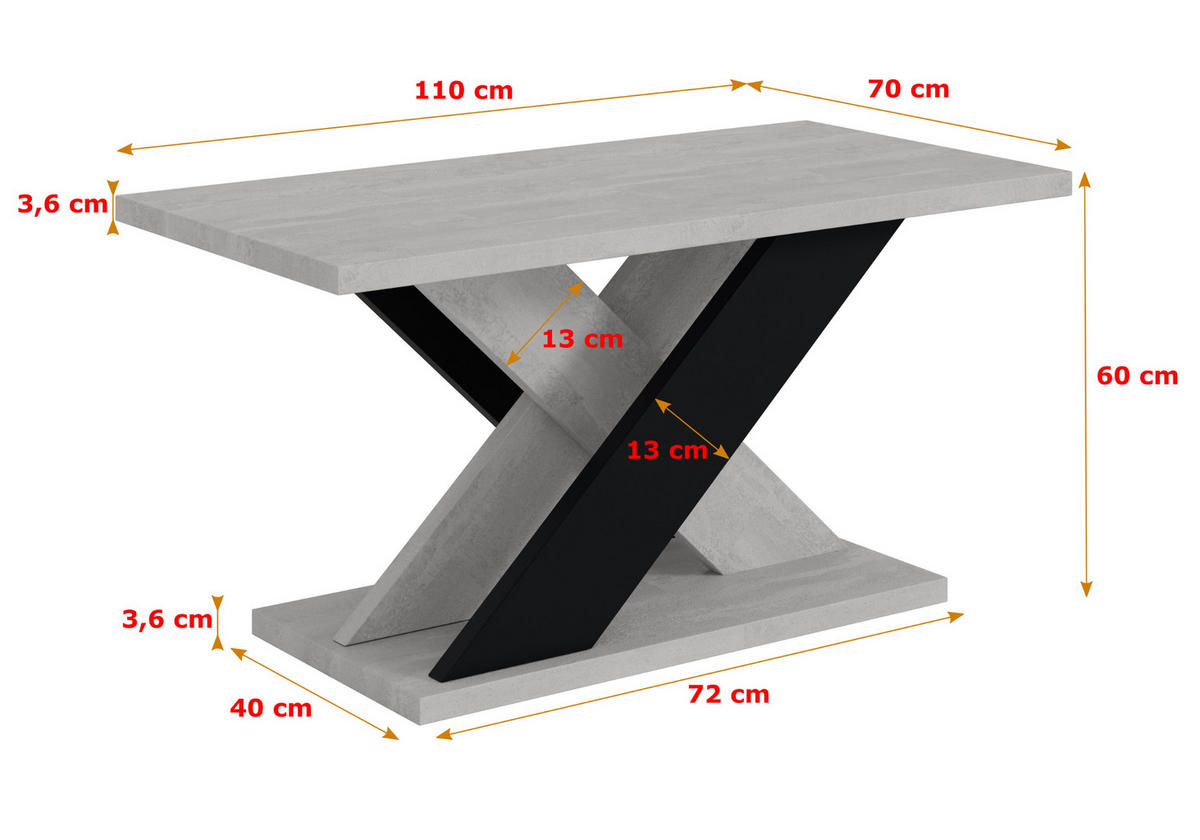 KAFFEETISCH 110x70x60 cm - Betonoptik K350 / Schwarz - AOX - Schwarz, Holzwerkstoff (110/70/60cm) - ALTDECOR