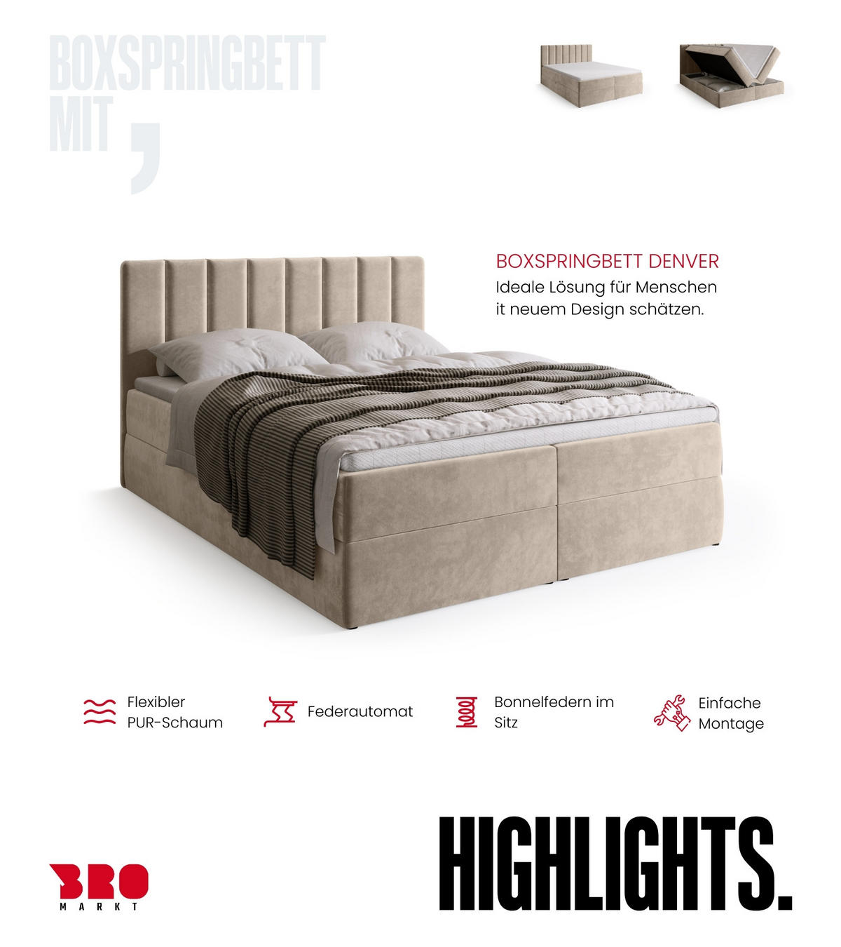 BOXBETT DENVER mit Topper 140x200 Beige - Ecru, Textil (140/200cm) - Bromarkt