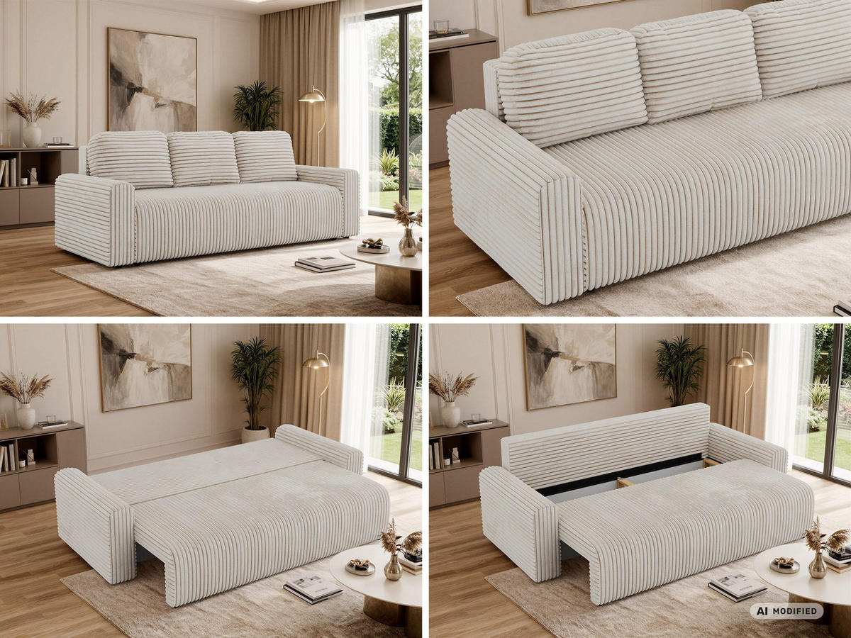 3-SITZER-SOFA NESSARO - Beige Cord - Beige/Schwarz, Kunststoff/Textil (243/92/90cm) - MKS
