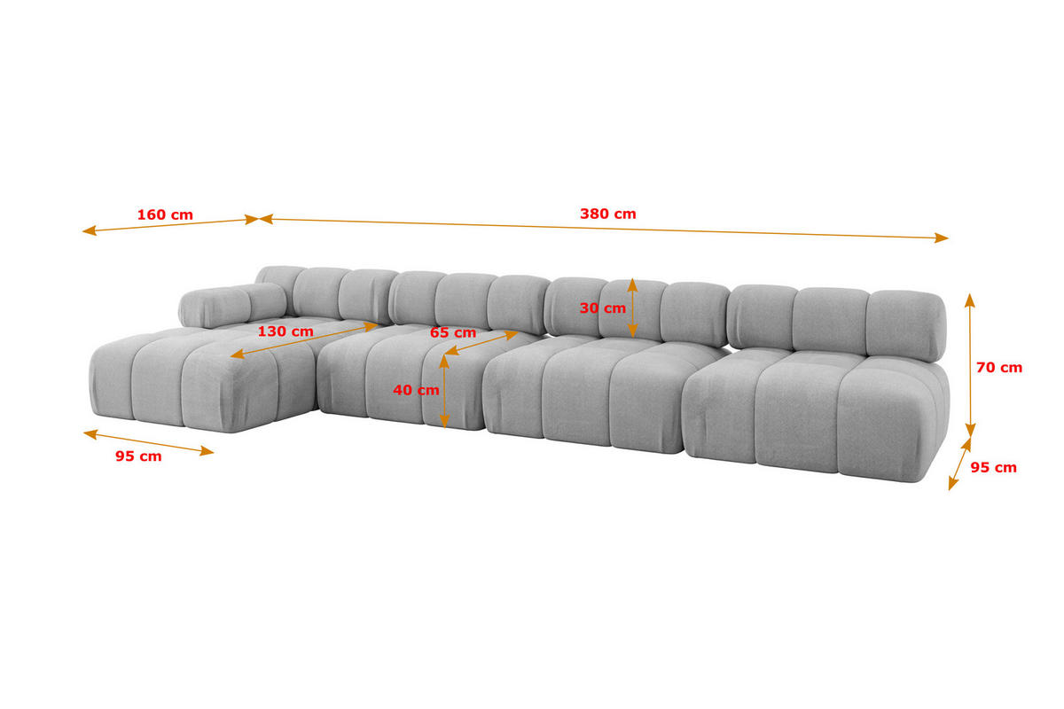 ECKSOFA modulares Sofa Razon-L3 - 380x160x70 cm Hellgrau Velours - Hellgrau, Holzwerkstoff/Textil (380/160cm) - ALTDECOR