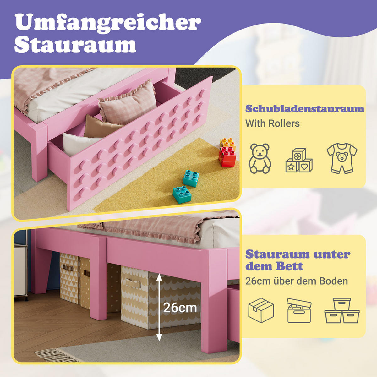 HOLZBETT 90X190 cm mit Schubladen und Stauraum - Pink, Holz (90/190cm) - FLIEKS