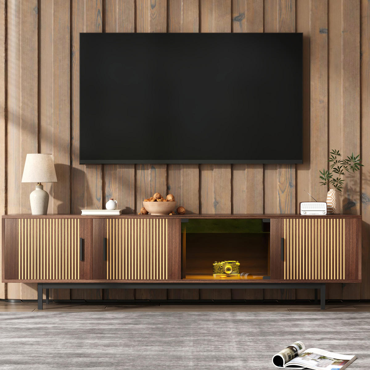 LOWBOARD 200/35/53 cm Schwarz/Walnussbraun aus MDF und Spanplatte mit LED-Lichtleiste - Schwarz, Holzwerkstoff (35/53/200cm) - OKMYHOME