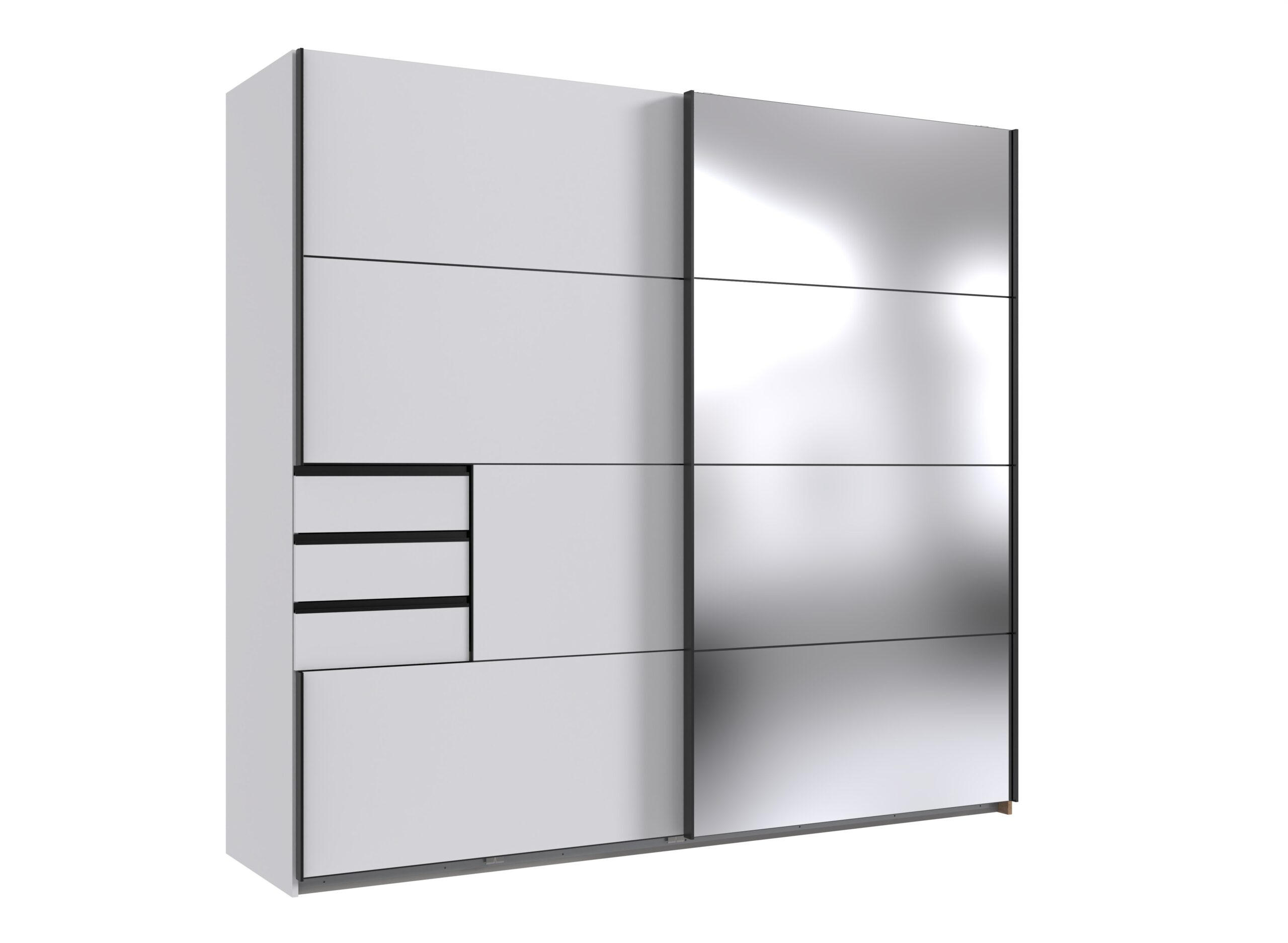 KLEIDERSCHRANK Saigon in Weiß und schwarzen Griffen mit einer Spiegel Türfront – Schwebetürenschrank 2 türig - 225 cm Breite - Weiß, Holzwerkstoff (80/200/120cm)