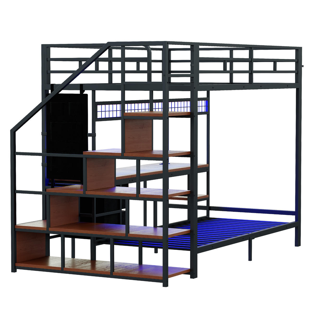 HOCHBETT 140/200 cm & 90/200 cm in Schwarz mit Schreibtisch, LED, Steckdosen, offenem Stauraum und 2 Stoffschubladen Metall Holz Design - Schwarz, Holzwerkstoff/Metall (140/200cm) - STILVORA