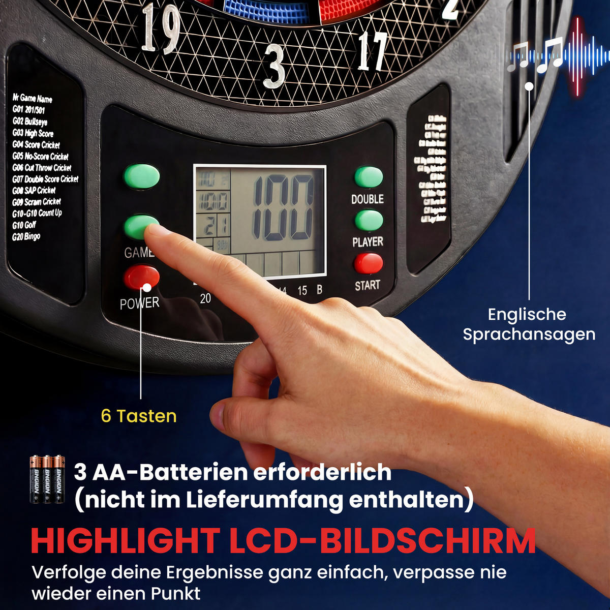 DARTBOARD DE-10843 mit LCD-Display für 1-8 Spieler Bunt - Multicolor, Kunststoff (41/47cm) - ComfortXL