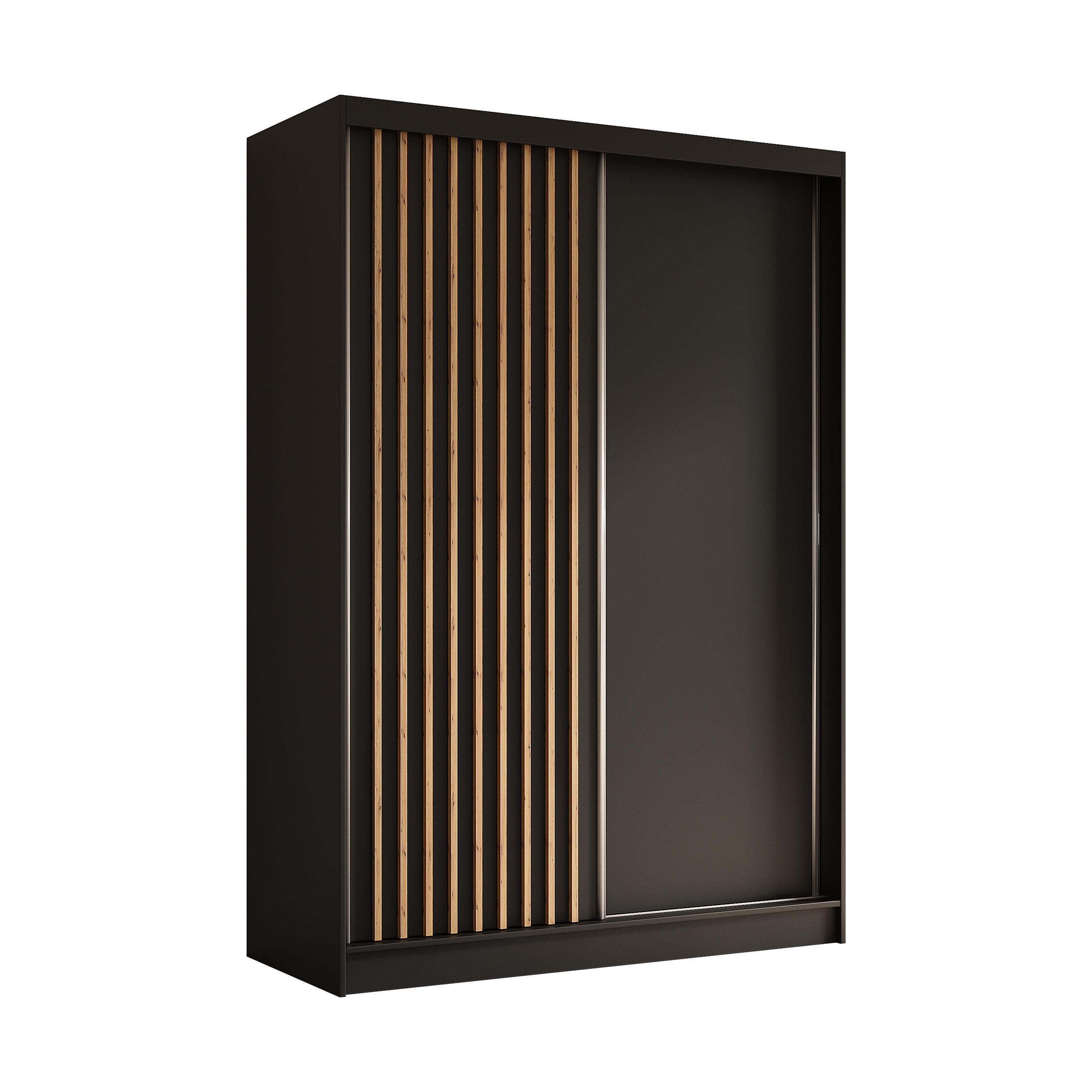 KLEIDERSCHRANK mit furnierten Schiebetüren und Aluminium-Leisten, LED-Beleuchtung - LABELO - 150 cm Schwarz+Schwarz+Artisan - Schwarz/Eiche Artisan, Holzwerkstoff (150/216/61cm) - ALTDECOR