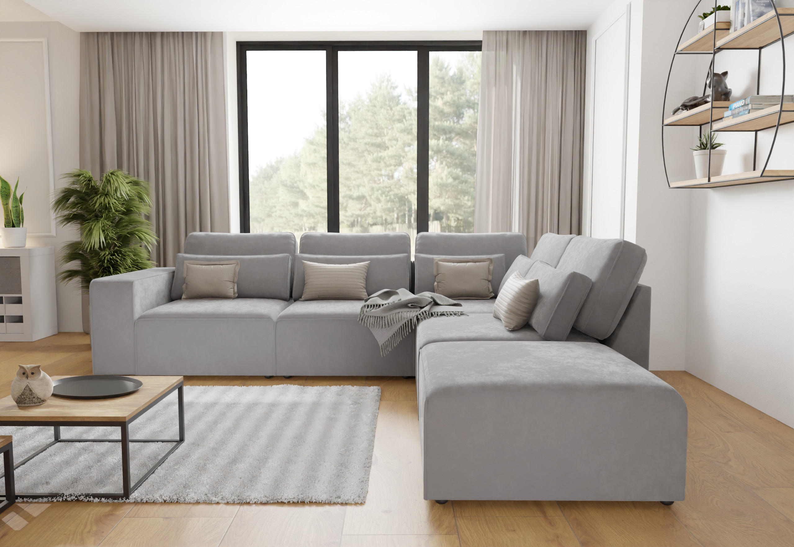 Thumbnail - S-Style Möbel Ecksofa, Hellgrau, Textil, Echtholz,Birke, Füllung: Silikon,Silikon,Komfortschaum, L-Form, Ottomane rechts...