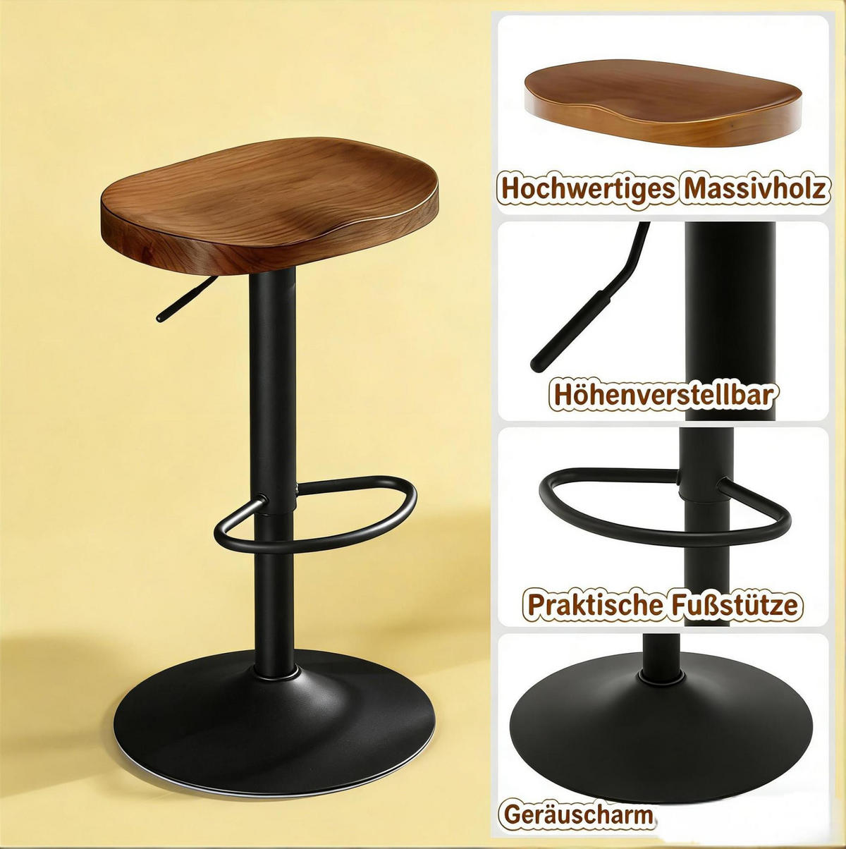 BARHOCKER drehbar höhenverstellbar 60-81 cm Massivholz Braun - Braun, Metall (31.5/81/41.5cm) - Meubliv