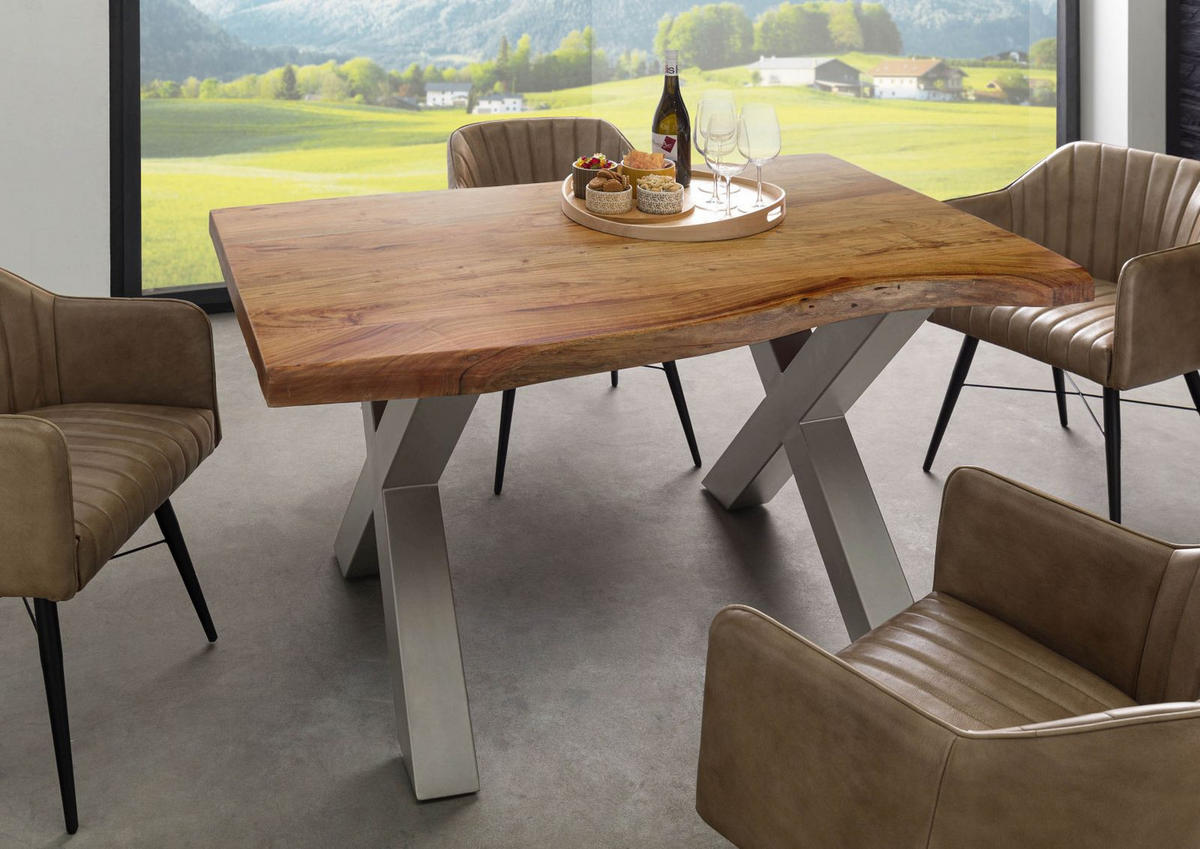 BAUMTISCH Akazie 160x90x77 Akazie natur lackiert / X-Beine silber matt FREEFORM 5 - Braun, Holz (90/160/77cm) - Massivmoebel24