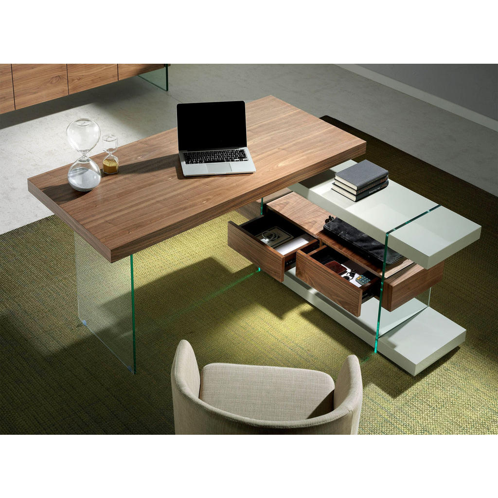 Thumbnail - Angel Cerda Schreibtisch, Walnuss, Transparent, Grau, Holz, Holz, Glas, 140x75x127 cm, Arbeitszimmer, Schreibtische, Eck...