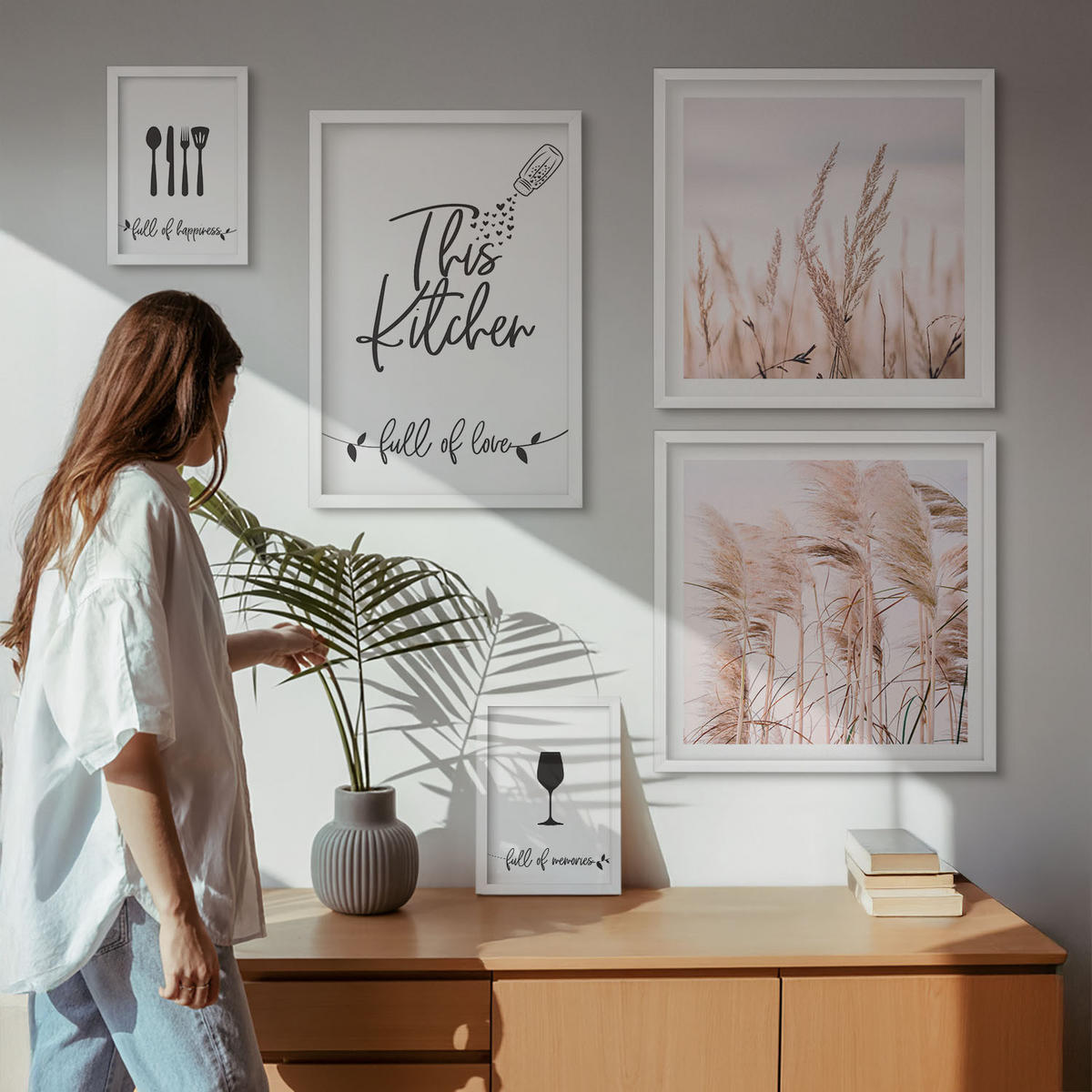 BILDER SET 5er Set - 50x50 cm & 20x30 cm & 40x60 cm Weißer Rahmen - Abstrakte Blattmalerei - Weiß, Kunststoff (40/60cm) - TULUP
