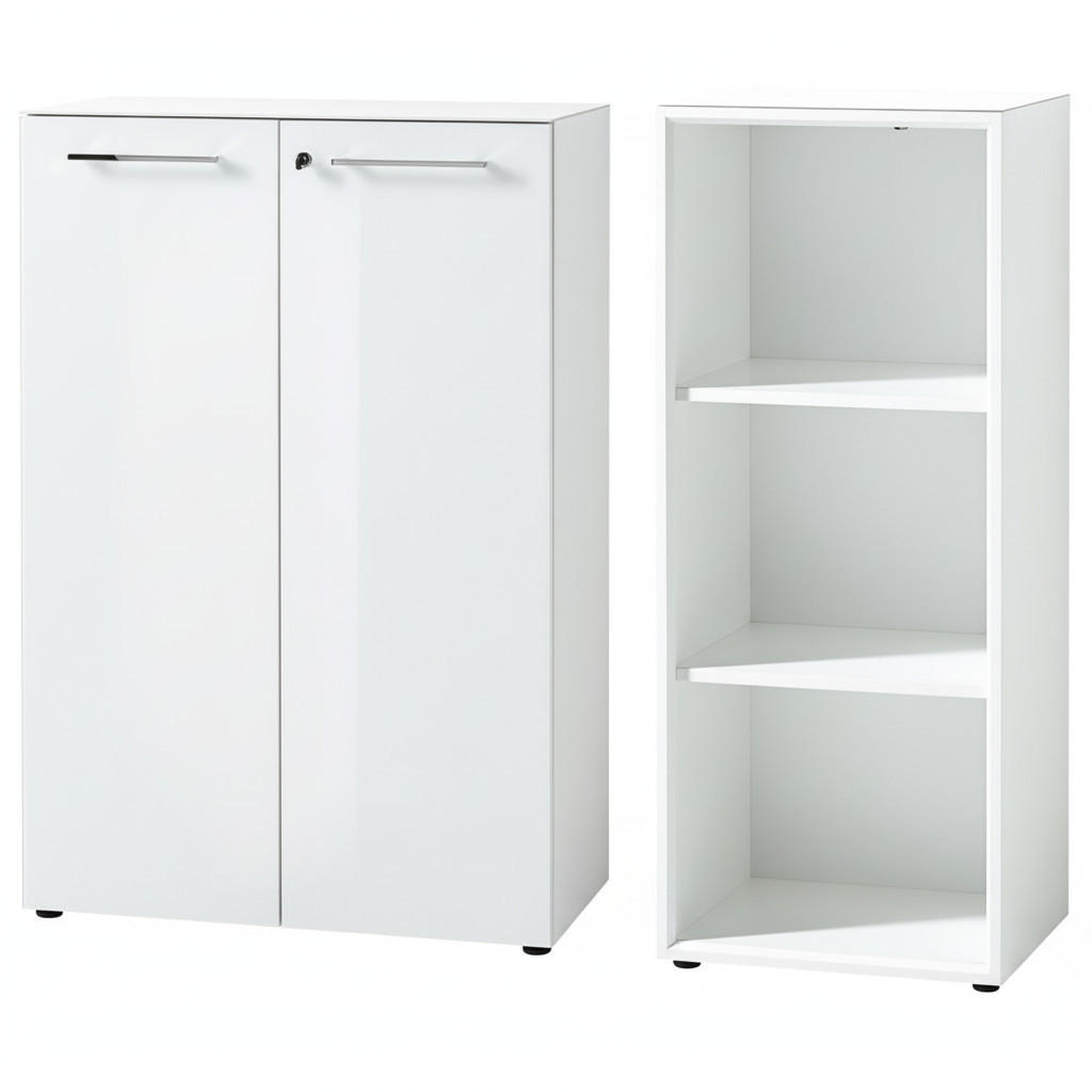 BÜRO-SET MUENCHEN 2-teilig Weiß | 120cm hoch | Kommode x Regal | Glas Front & Abschließbar - Weiß, Holzwerkstoff/Metall (145/120/37cm) - KADIMA DESIGN