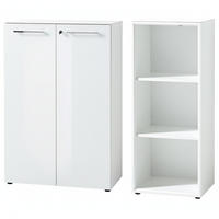 BÜRO-SET MUENCHEN 2-teilig Weiß | 120cm hoch | Kommode x Regal | Glas Front & Abschließbar - Weiß, Holzwerkstoff/Metall (145/120/37cm) - KADIMA DESIGN