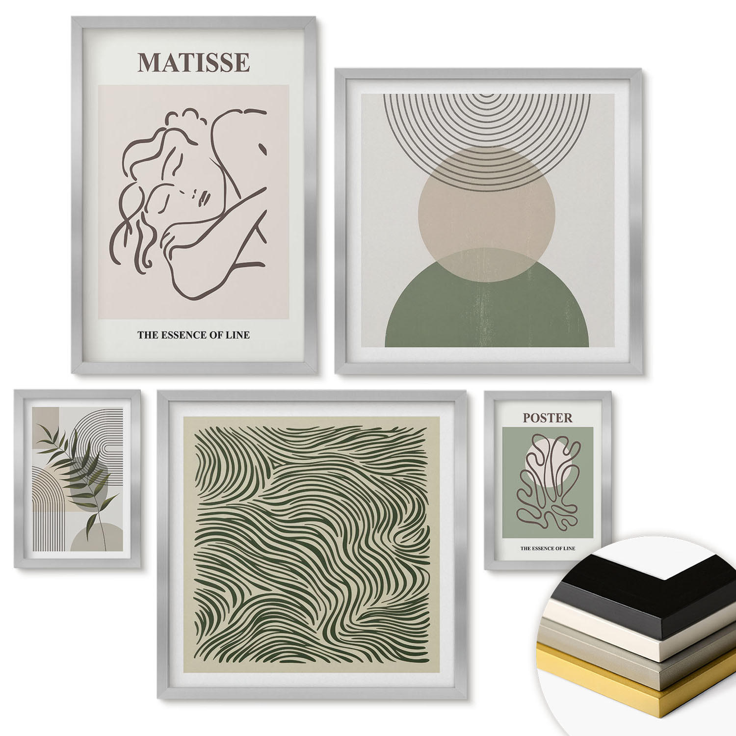 WANDBILDER 5er Set - 50x50 cm & 20x30 cm & 40x60 cm Silberner Rahmen - Geometrische botanische Muster - Silberfarben, Kunststoff (40/60cm) - ArtPrintCave