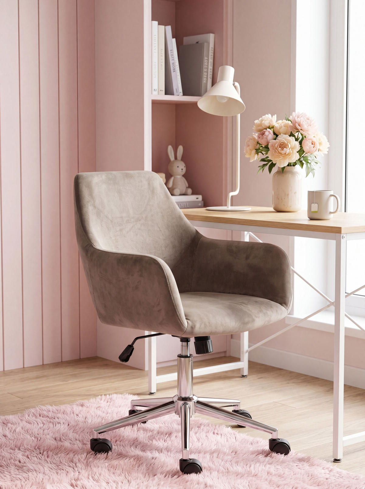 BÜROSTUHL Samtstoff Taupe Wellston - Taupe, Textil/Metall (55/80/55cm) - Beliani