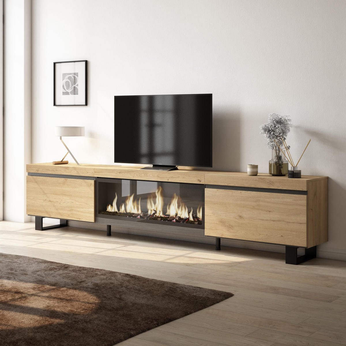 TV-SCHRANK Lowboard, Elektrokamin XXL, eiche, 267/35/57cm - Eichefarben, Holzwerkstoff (267/57/35cm) - Skraut Home