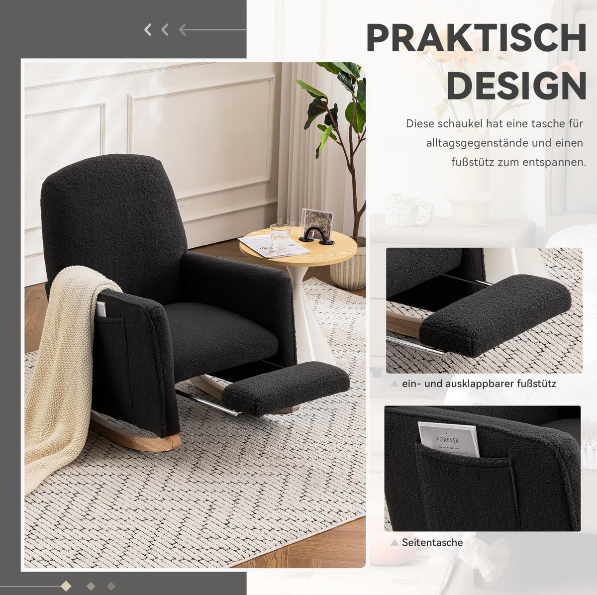 SCHAUKELSTUHL 67/126/98 cm dunkelgrau aus Lammfell-Optik mit Hocker - Dunkelgrau, Textil (126/98/67cm) - OKWISH