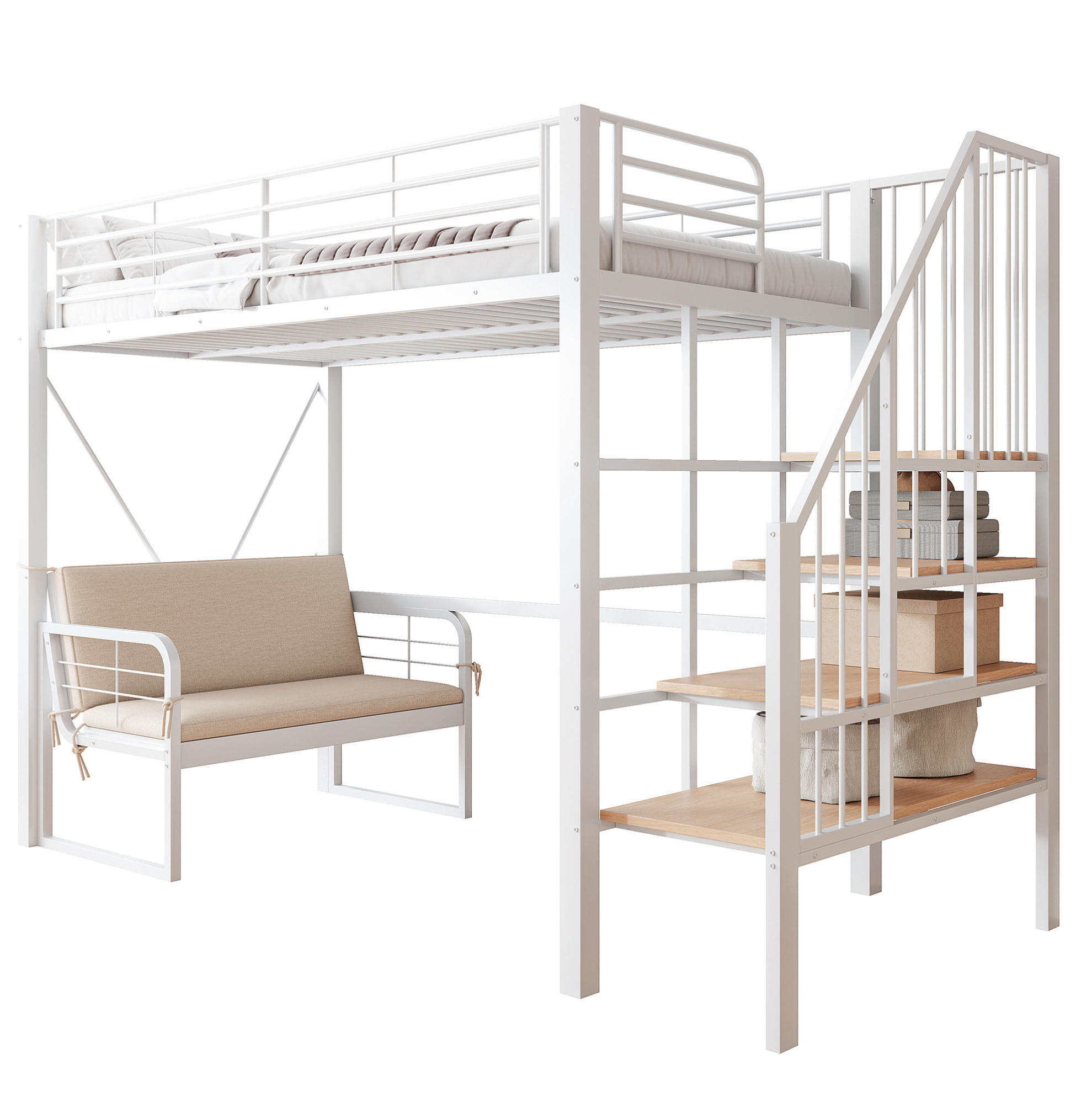 ETAGENBETT 90/200 cm, Weiß mit Stauraumleiter und Polstersofa - Weiß, Metall (90/200cm) - MIVRAY