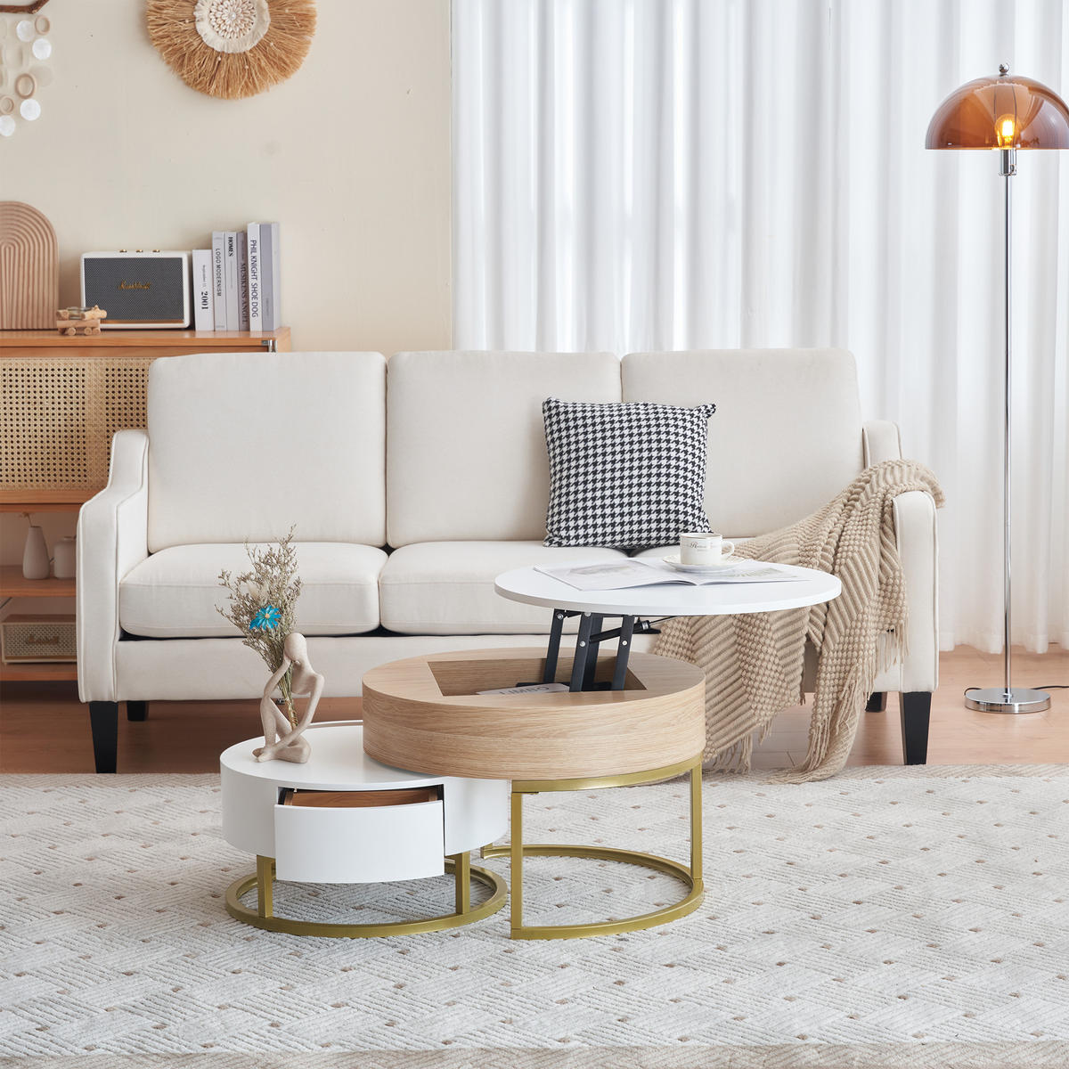 COUCHTISCH 70/70/42–56,5 cm Weiß und Holzoptik mit 2 Schubladen höhenverstellbar - Weiß, Holzwerkstoff (70/70/56.5cm) - OKWISH