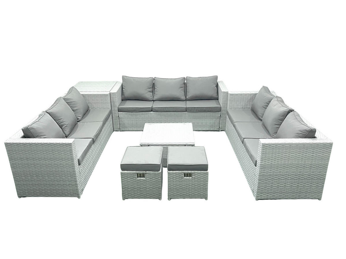GARTENMÖBELSET mit 3-SITZER SOFA,COUCHTISCH Polyrattan Hellgrau-Mix 11-Sitzer - Hellgrau/Grau, Glas/Kunststoff - Fimous