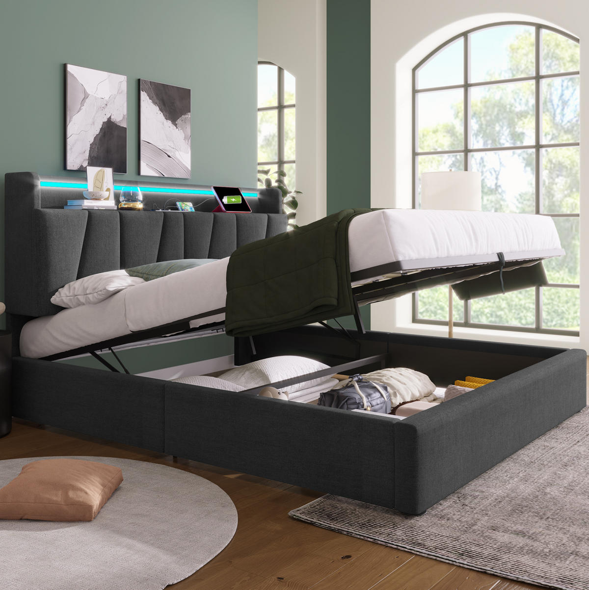 BETT mit Stauraum und LED 160x200 cm Leinen Grau - Grau, Metall (160/200cm) - Meubliv