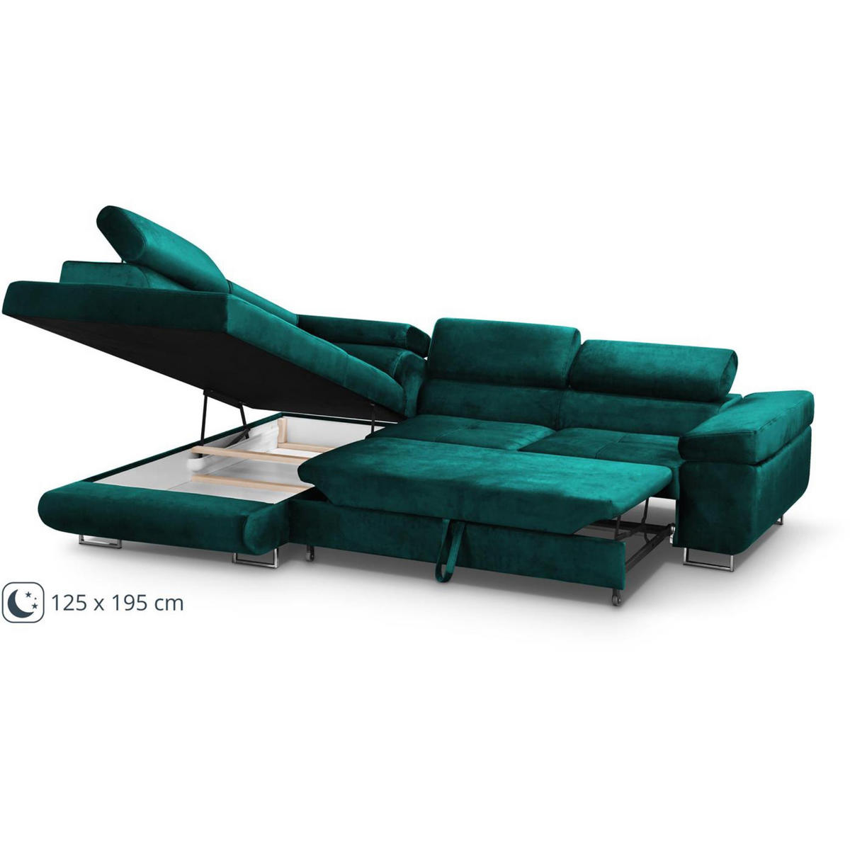 ECKSCHLAFSOFA Vild verstellbaren Kopfstützen, Dunkelgrün, links - Chromfarben/Dunkelgrün, Textil (275/203cm) - Beautysofa