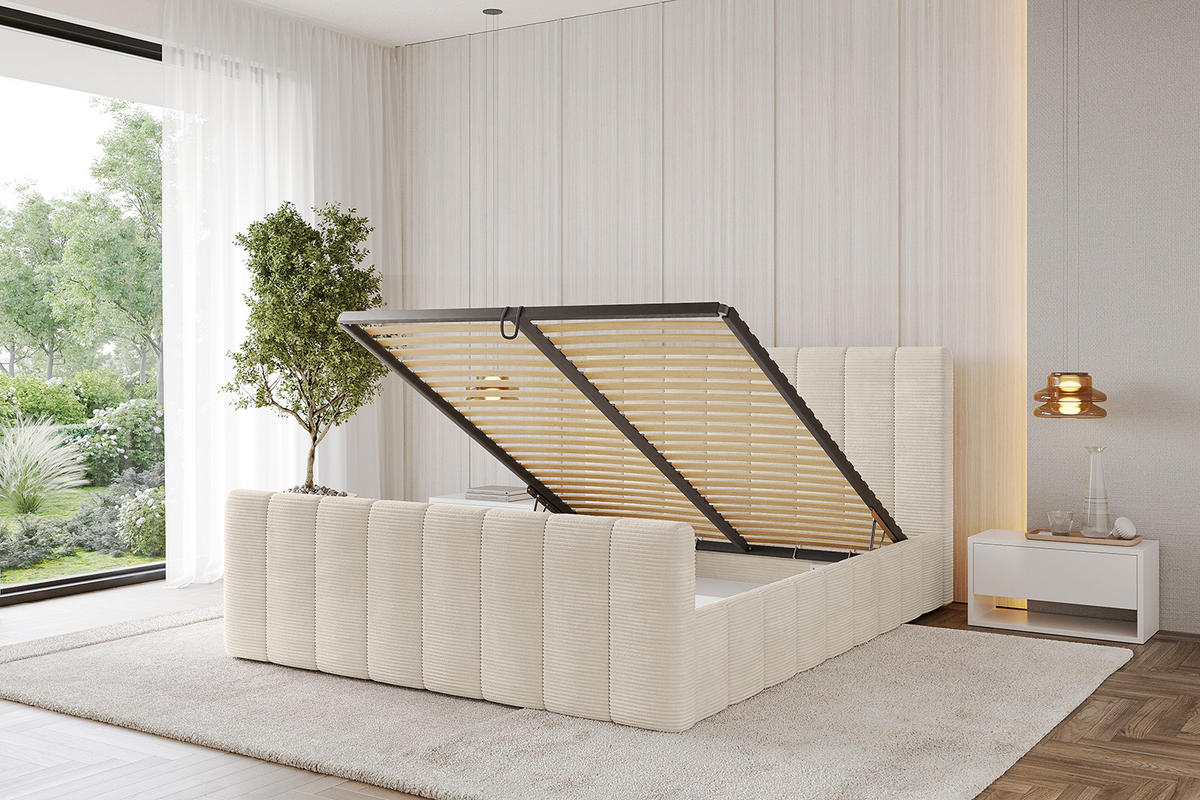 POLSTERBETT mit Bettkasten, Fußteil und Lattenrost, Boxbett mit Matratze H3/H4 - FINO-Z 120x200 Beige - Creme, Holzwerkstoff/Textil (120/200cm) - ALTDECOR