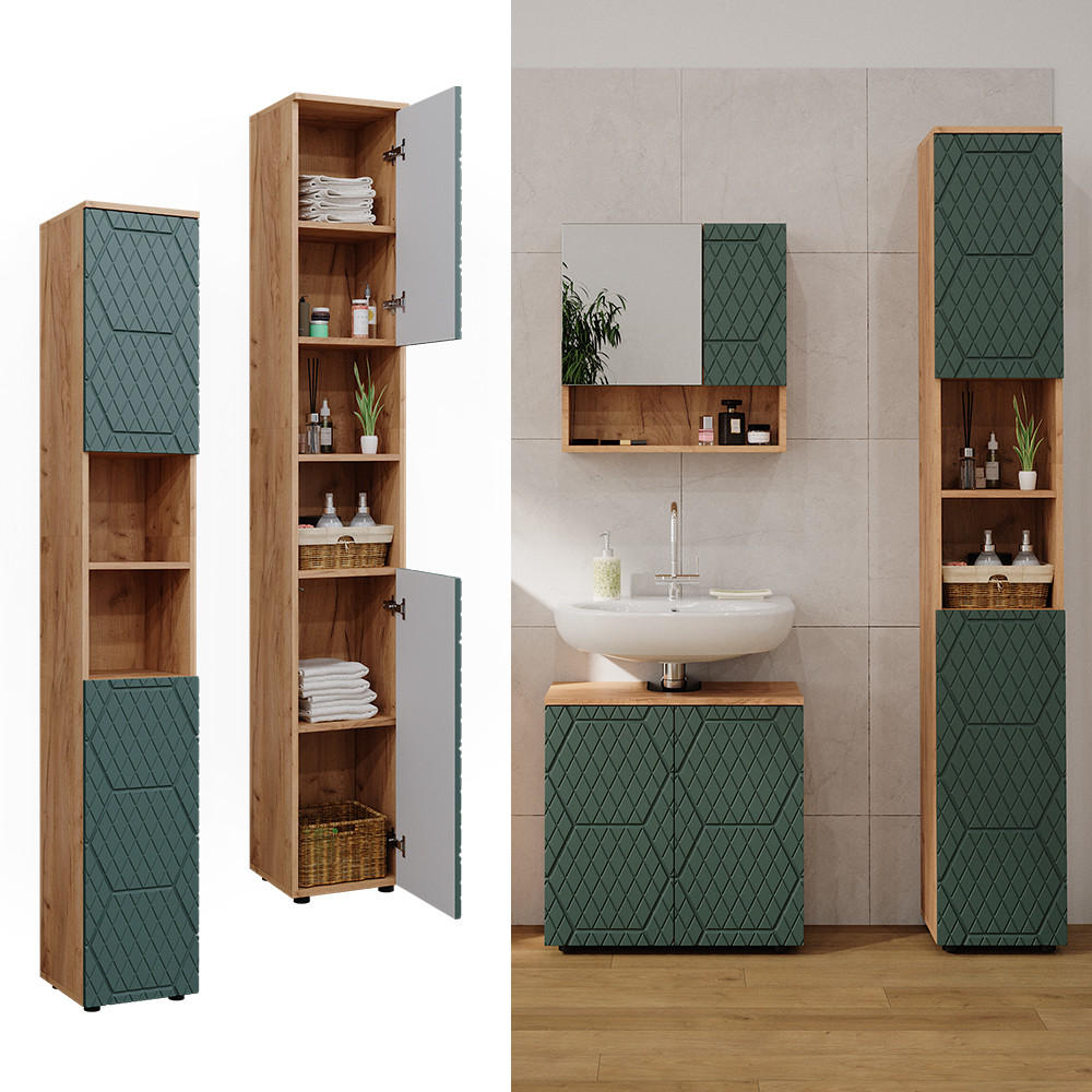 BADSCHRANK Irma Goldkraft Eiche 30 x 192 cm - Grün, Holzwerkstoff (30/192/30cm) - Vicco