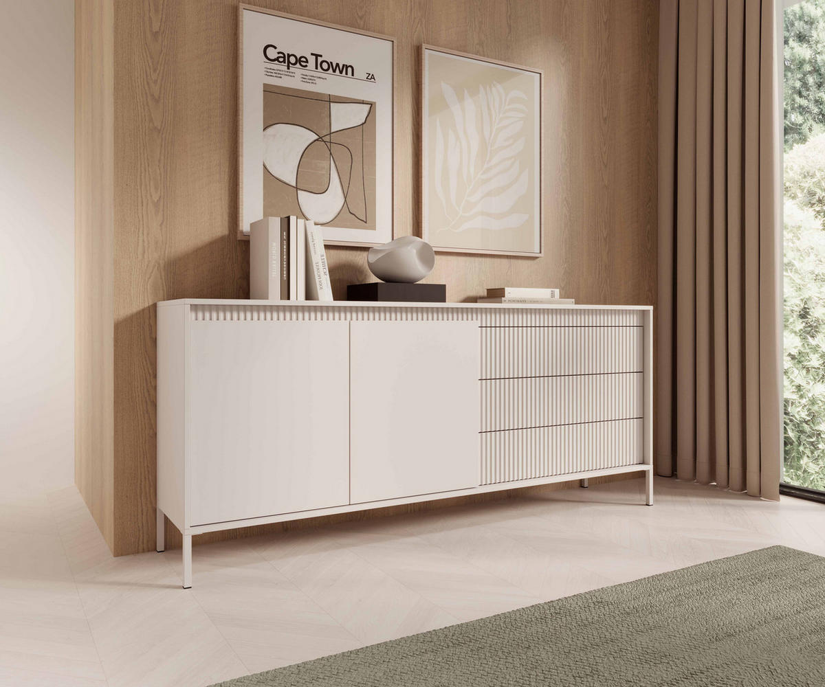 ​KOMMODE SENSO 2D3S, Geriffelte MDF-Fronten, Push-to-Open, Metallfüße, 187x81,4x39,5 cm - Beige - Beige/Creme, Holz/Holzwerkstoff (187/82/40cm) - DomoHome