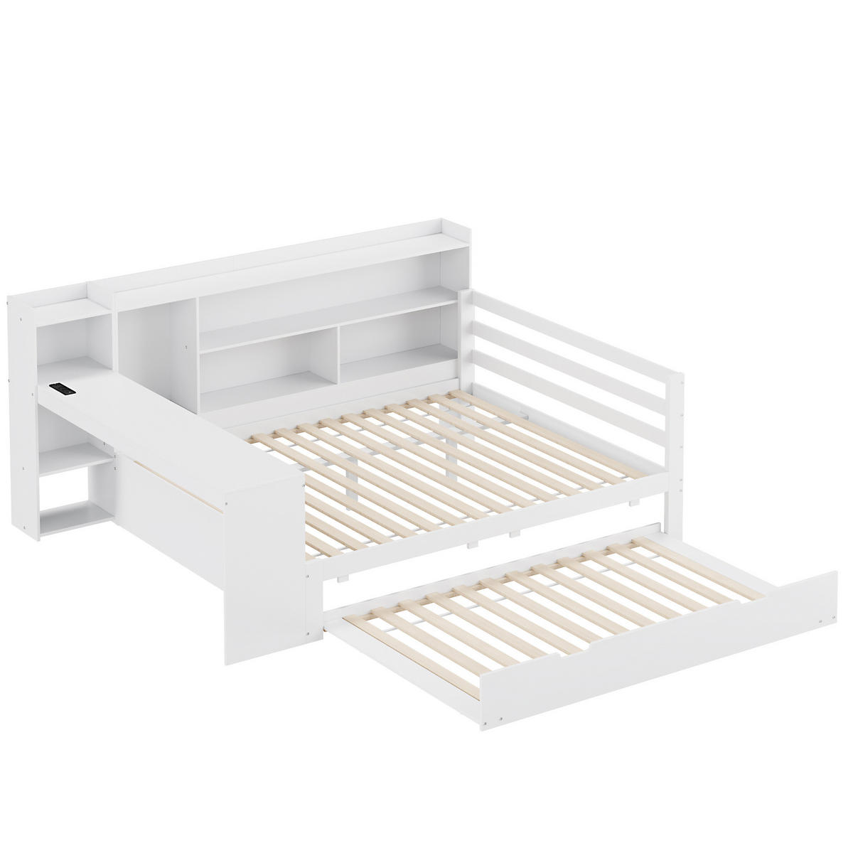 BETT aus 140x200 cm Weiß mit Ausziehbett, Schreibtisch, Regalen und Steckdose - Weiß, Holzwerkstoff (90/200cm) - Modfu