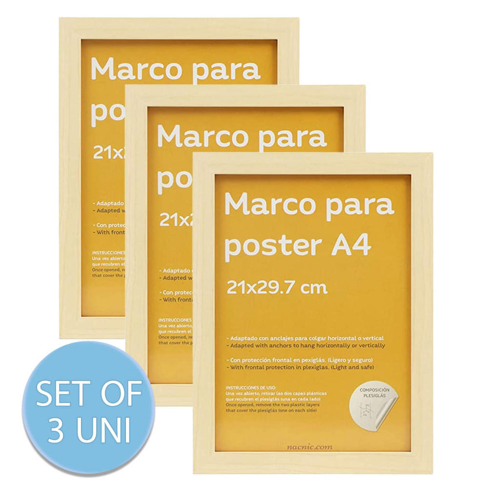 RAHMEN Set mit 3 aus MDF und Acrylglas Schutz und Aussteller für Fotografien, Bilder, Poster, Gemälde, Dekoration für Haus Farbe Hellholz A4 - Beige, Holz (21/3/29.7cm) - Nacnic