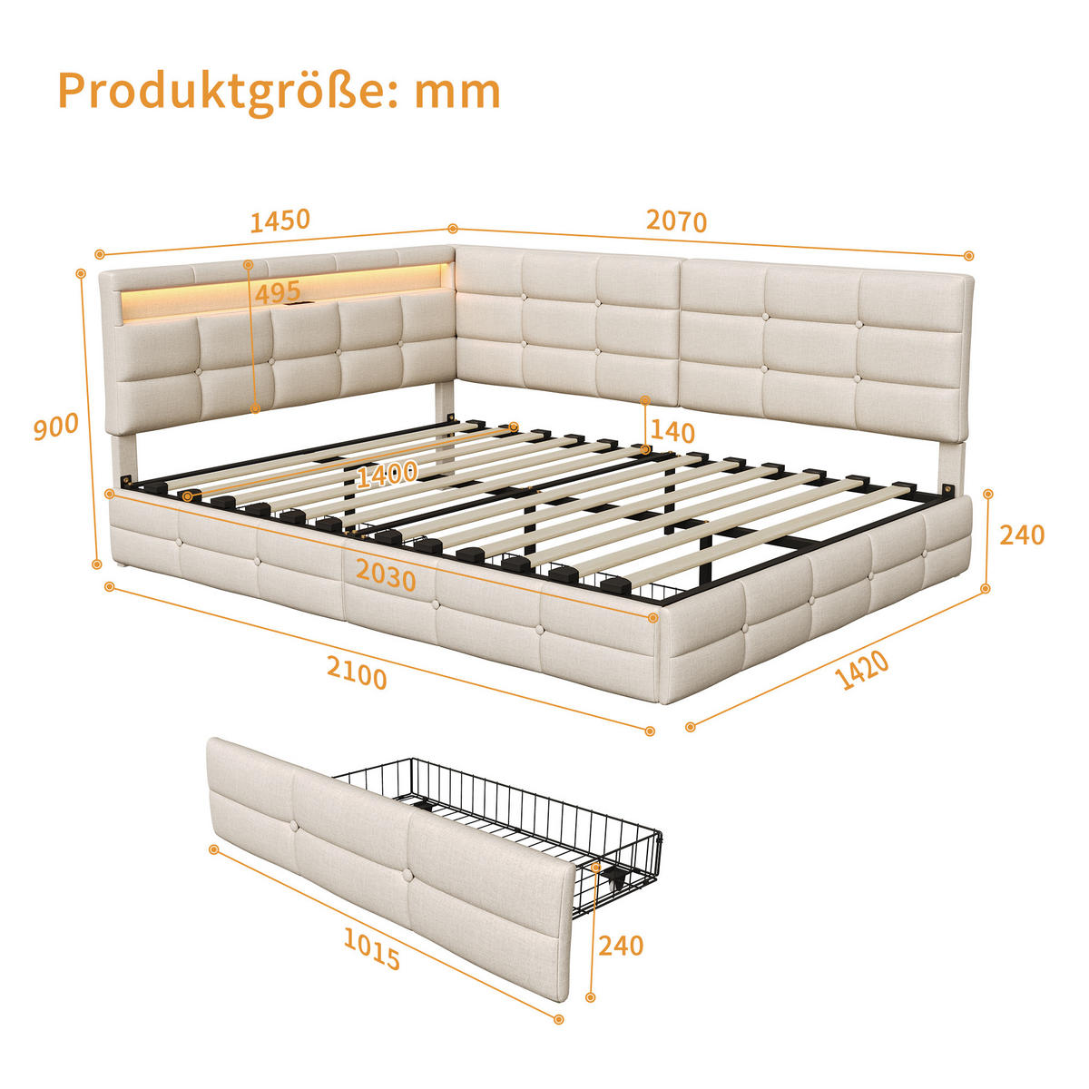BETT 140x200 cm mit L-förmigem Kopfteil, 2 Schubladen, USB-Ladeanschluss, LED-Licht, Leinenstoff, Beige - Beige, Holz (140/200cm) - BRILVERDE