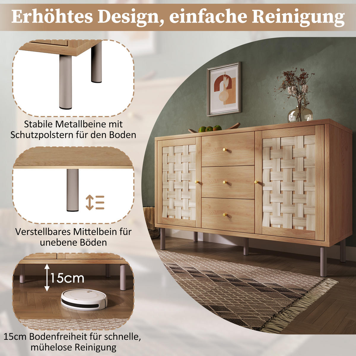 SIDEBOARD in Naturfarben Kommode mit 2 Türen, 3 Schubladen, Metallbeinen & verstellbaren Böden,B120/T40/H75cm - Naturfarben/Weiß, Holzwerkstoff/Metall (120/70/40cm) - STILVORA