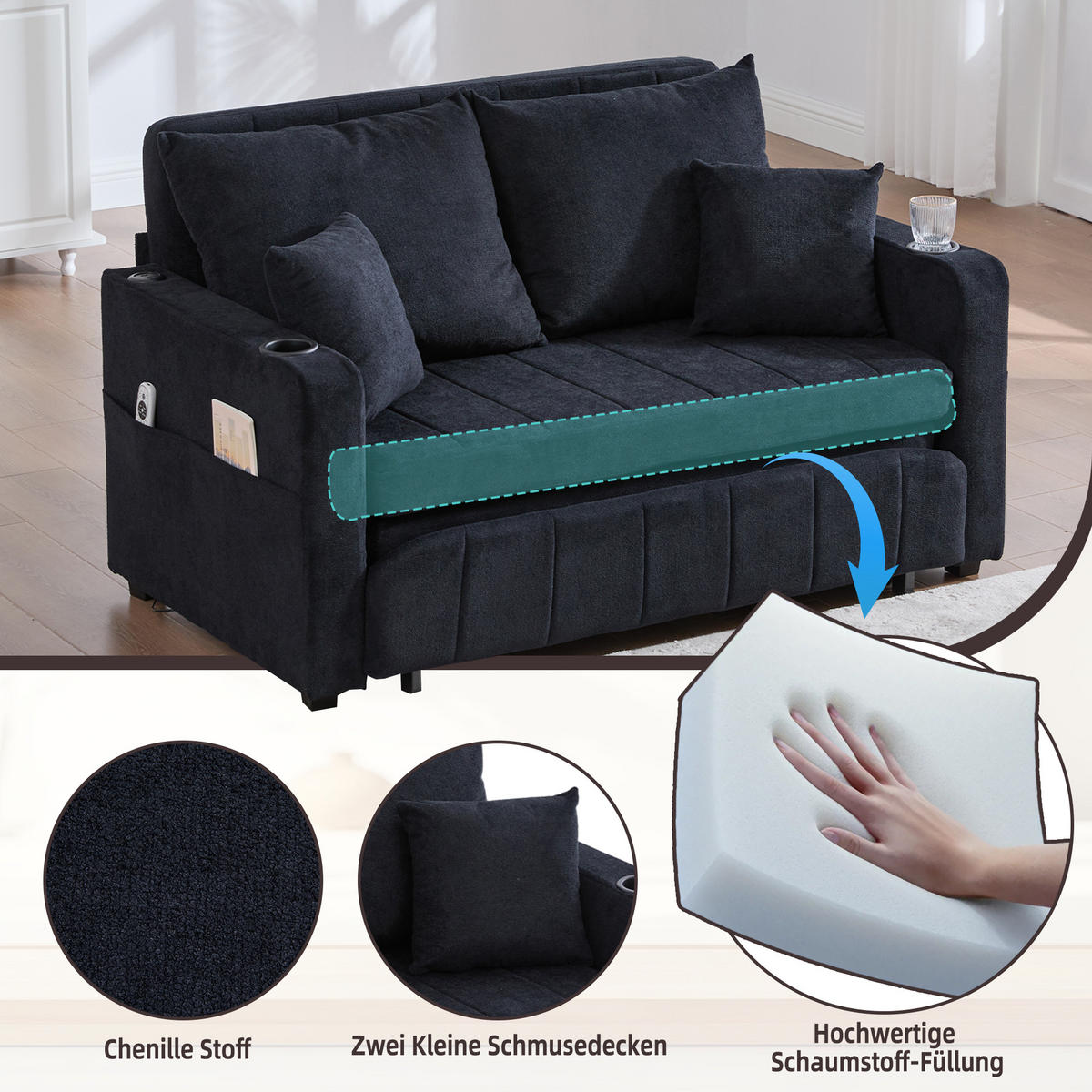 SCHLAFSOFA klappbar mit USB und Getränkehaltern, Schwarz - Schwarz, Textil (139/83/73cm)