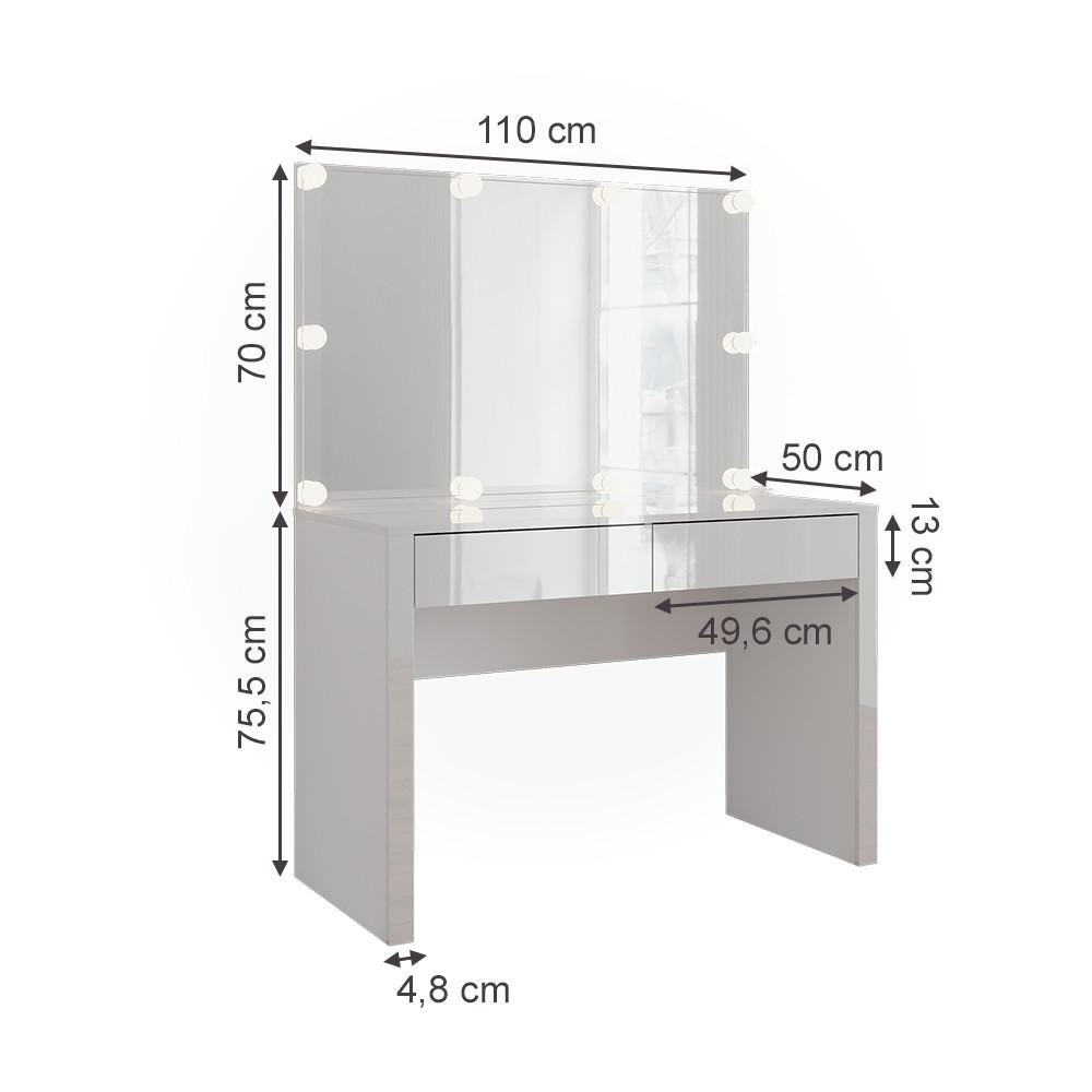SCHMINKTISCH Annabelle Weiß Hochglanz/Weiß 110 cm mit Spiegel und Lampen - Weiß Hochglanz/Weiß, Holzwerkstoff (110/75.5/50cm) - Vicco
