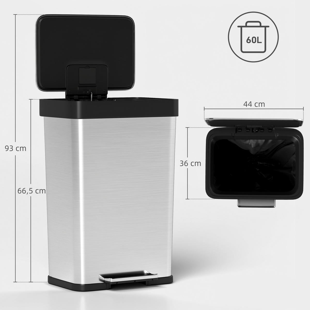 MÜLLEIMER 60 L Treteimer mit Soft-Close-Deckel Edelstahl Silber - Silberfarben, Metall (36/66.5/44cm) - HOMCOM