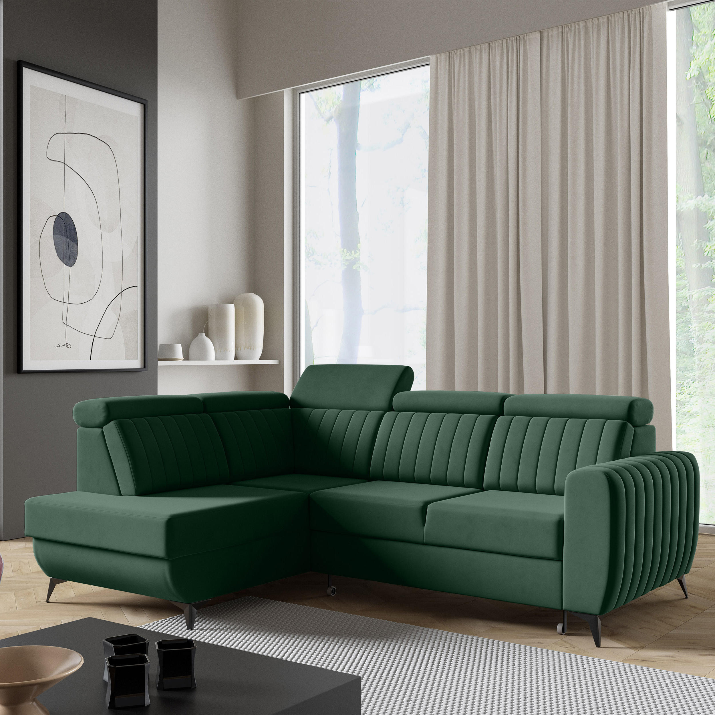 ECKSCHLAFSOFA Connor II verstellbare Kopfstützen, Dunkelgrün, links - Dunkelgrün/Schwarz, Textil (268/204cm) - Beautysofa
