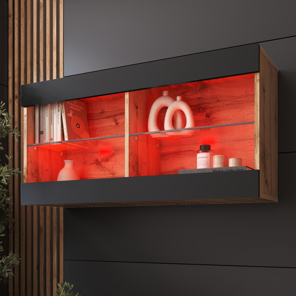 HÄNGEVITRINE TIVOLI HORIZONTAL 100, Schwarz, LED Mehrfarbige - Eiche Wotan/Schwarz, Glas/Holzwerkstoff (100/50/29.5cm) - Komodee