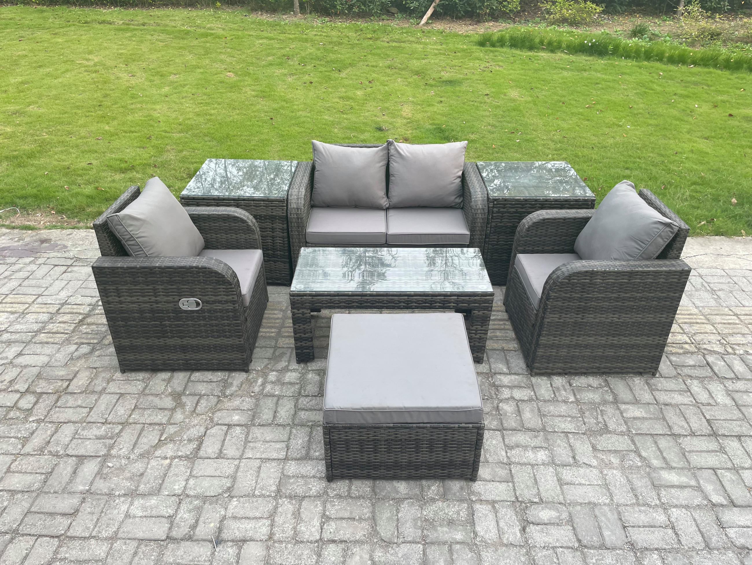 GARTENSOFA SET mit COUCHTISCH Polyrattan 5-Sitzer - Dunkelgrau/Grau, Glas/Kunststoff - Fimous