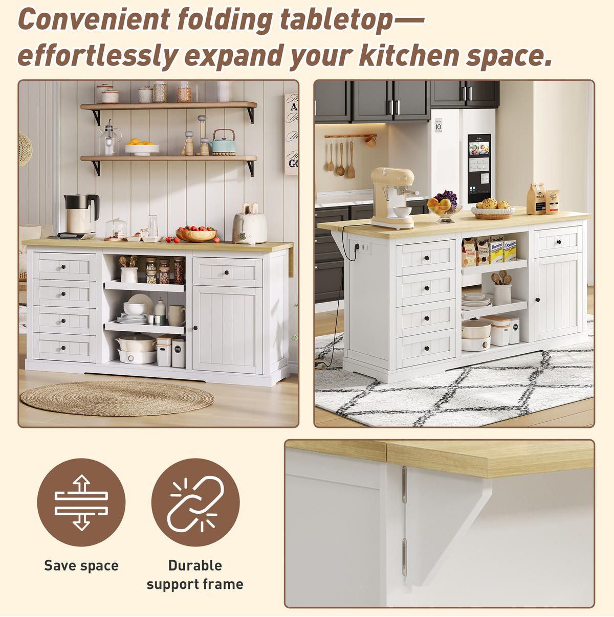 BUFFET 150/75,5/65 cm Natur/Weiß aus MDF mit klappbarer Erweiterungsplatte - Naturfarben, Holzwerkstoff (65/75.5/150cm) - OKMYHOME